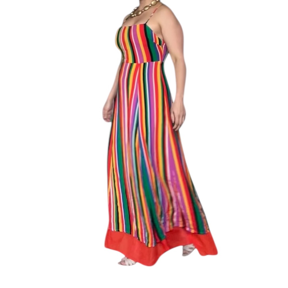 Multi-Color Striped Maxi Dress with Red Hem Medium
